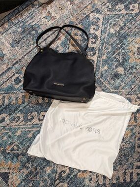 Michael Kors Black Pebbled Leather Top-Handle Shoulder Tote with Gold Logo